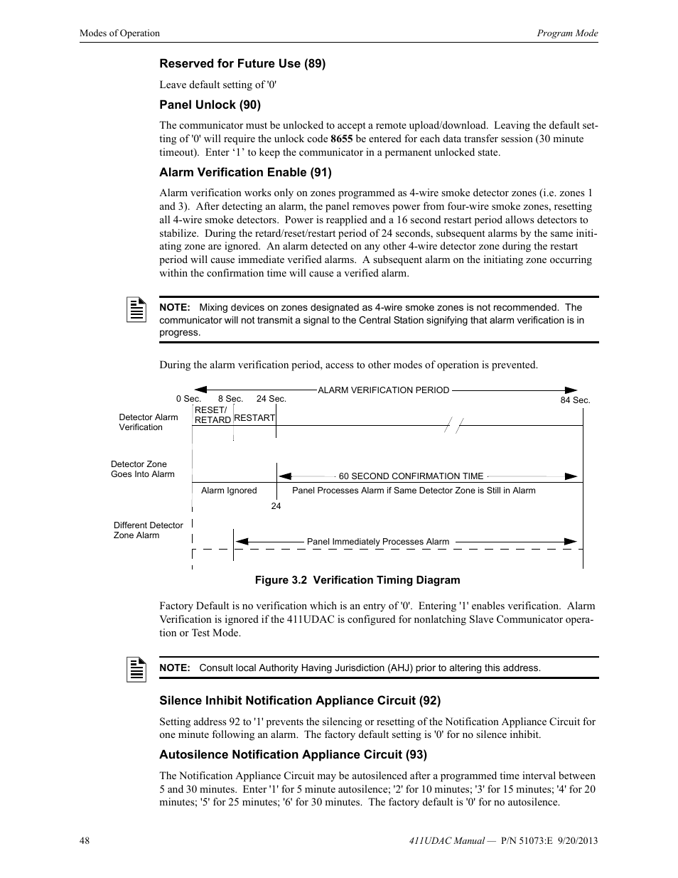Reserved for future use (89), Panel unlock (90), Alarm verification enable (91) | Autosilence notification appliance circuit (93) | Fire-Lite 411UDAC Fire Alarm Communicator User Manual | Page 48 / 84