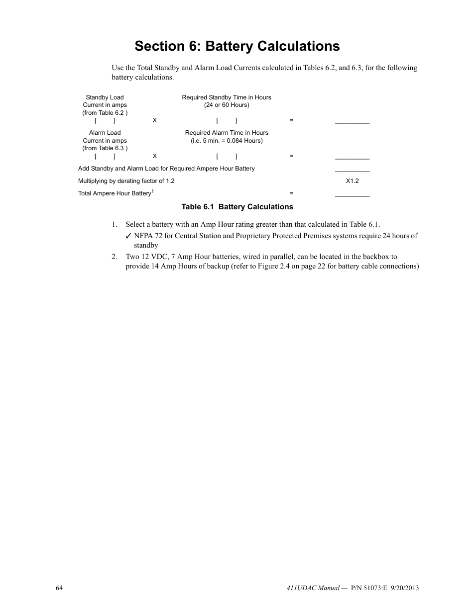 Section 6: battery calculations | Fire-Lite 411UDAC Fire Alarm Communicator User Manual | Page 64 / 84