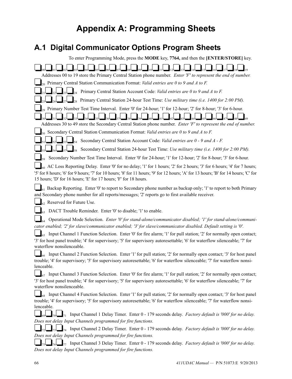 Appendix a: programming sheets, A.1 digital communicator options program sheets, A.1: digital communicator options program sheets | Fire-Lite 411UDAC Fire Alarm Communicator User Manual | Page 66 / 84