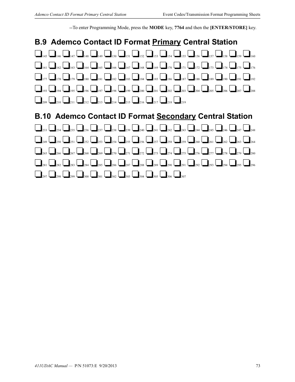 B.9: ademco contact id format p, B.10: ademco contact id format secondary | Fire-Lite 411UDAC Fire Alarm Communicator User Manual | Page 73 / 84