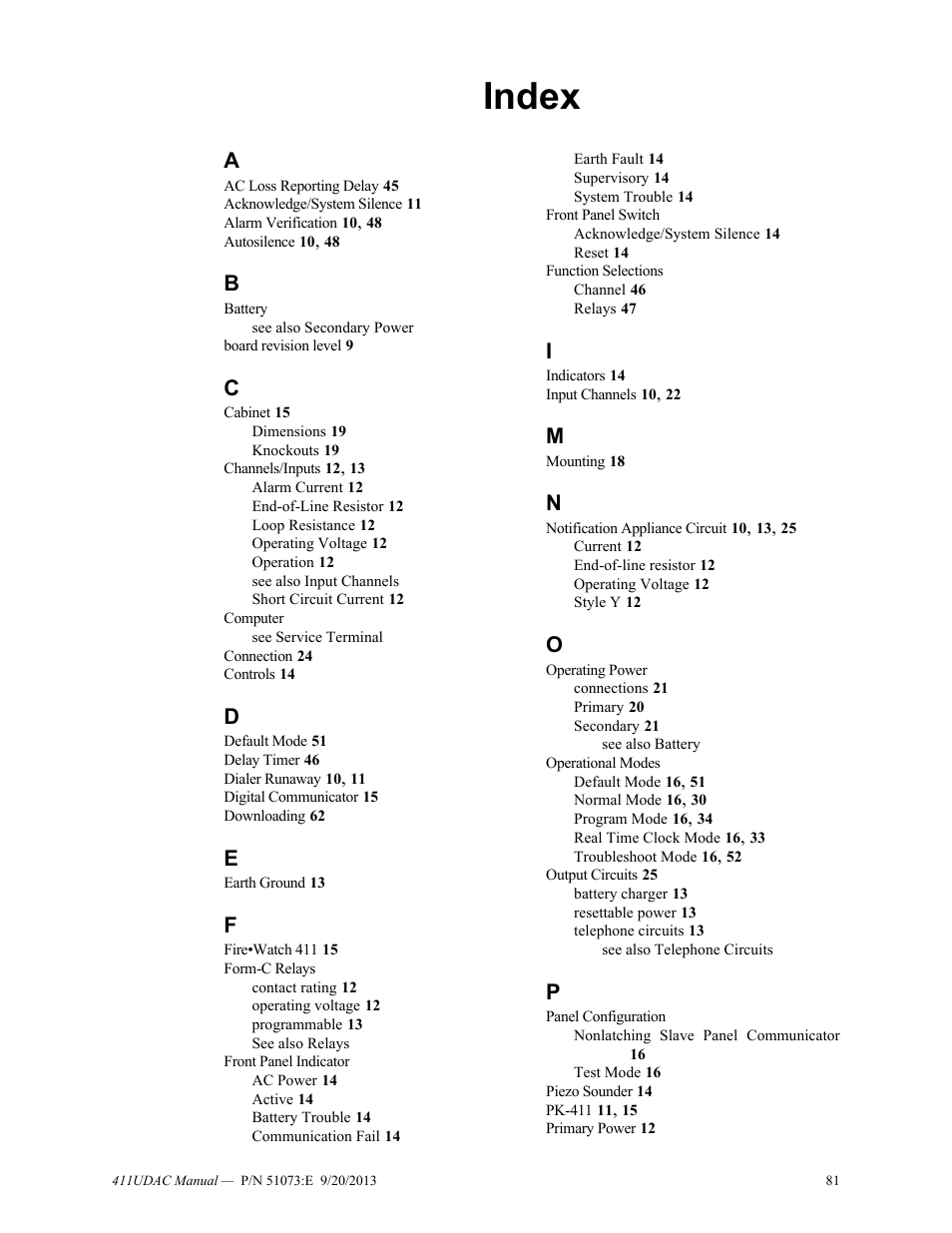 Index | Fire-Lite 411UDAC Fire Alarm Communicator User Manual | Page 81 / 84