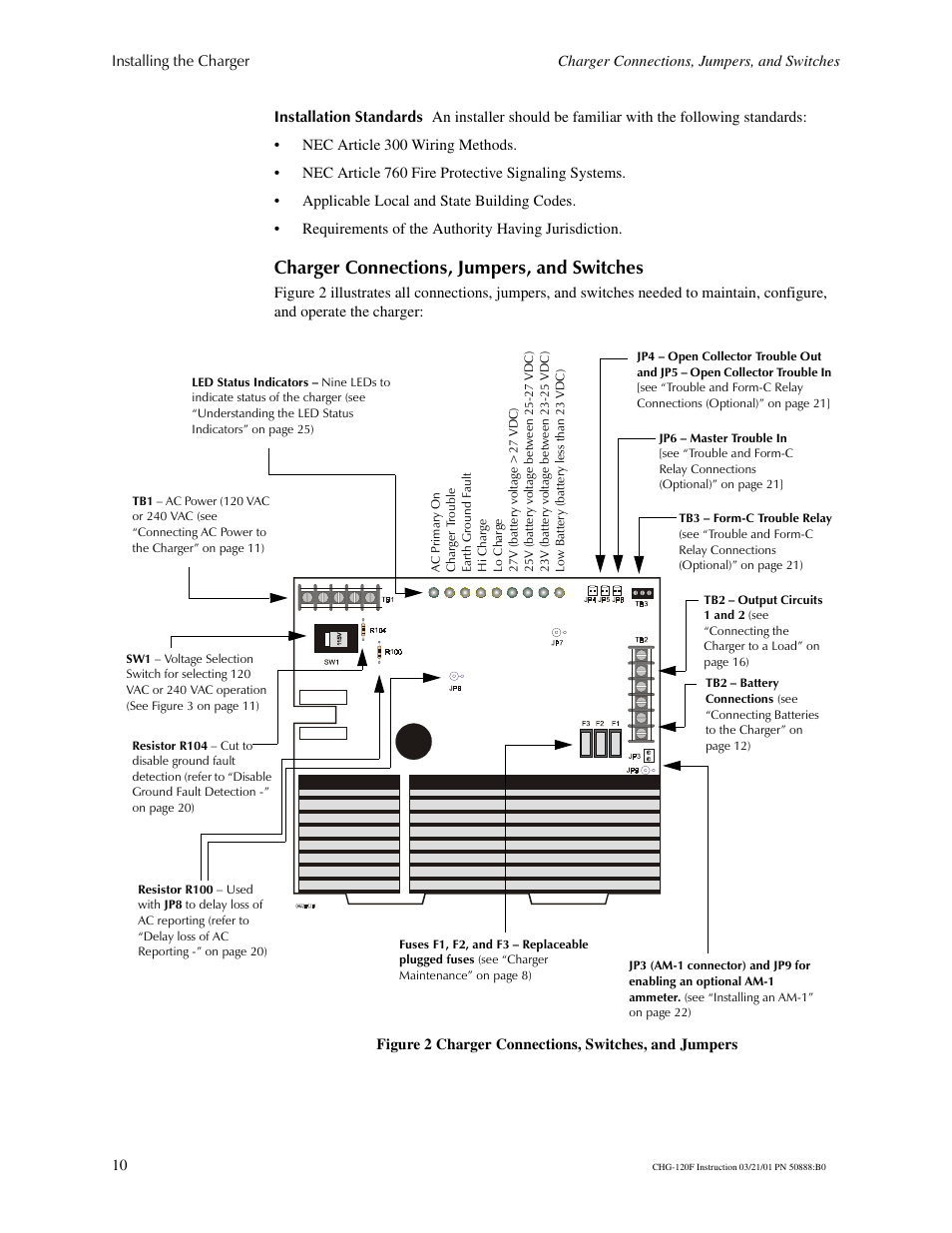Charger connections, jumpers, and switches | Fire-Lite CHG-120F Battery Charger User Manual | Page 10 / 28