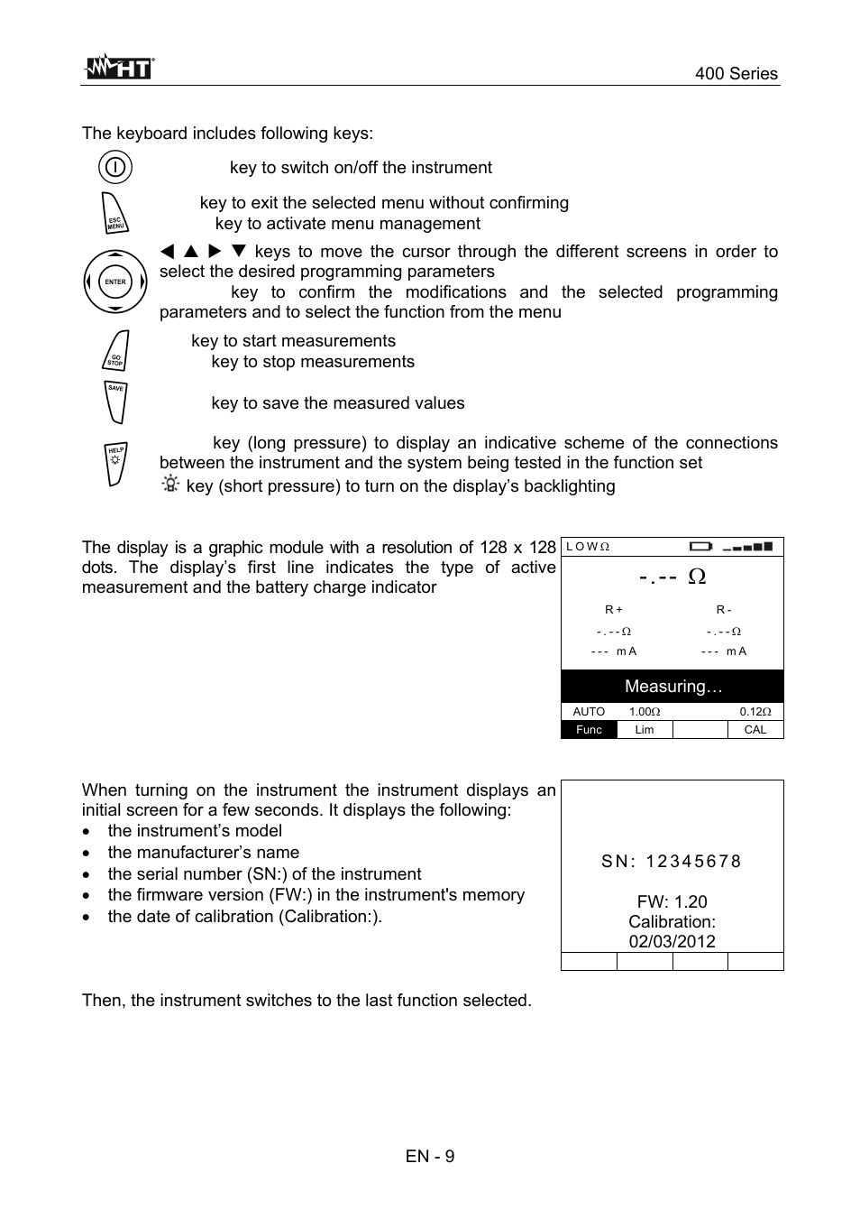 400 series, On/off key to switch on/off the instrument, Save key to save the measured values | Measuring | HT instruments SPEED418 User Manual | Page 10 / 88