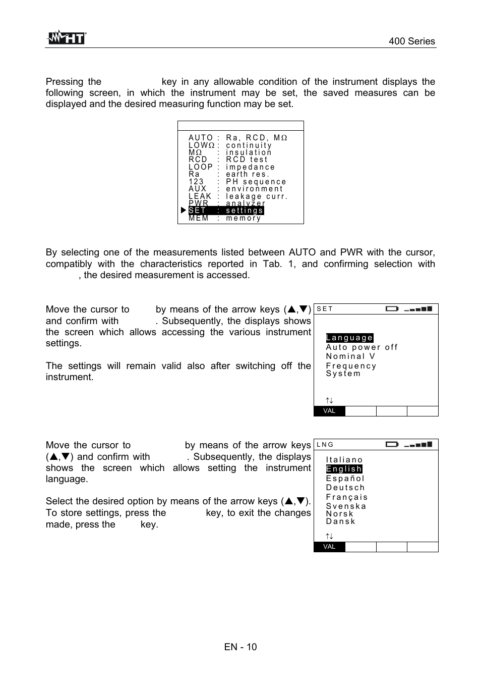 Main menu, 400 series, En - 10 | HT instruments SPEED418 User Manual | Page 11 / 88