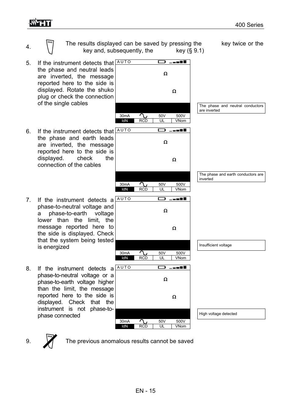 400 series, En - 15, The previous anomalous results cannot be saved | HT instruments SPEED418 User Manual | Page 16 / 88