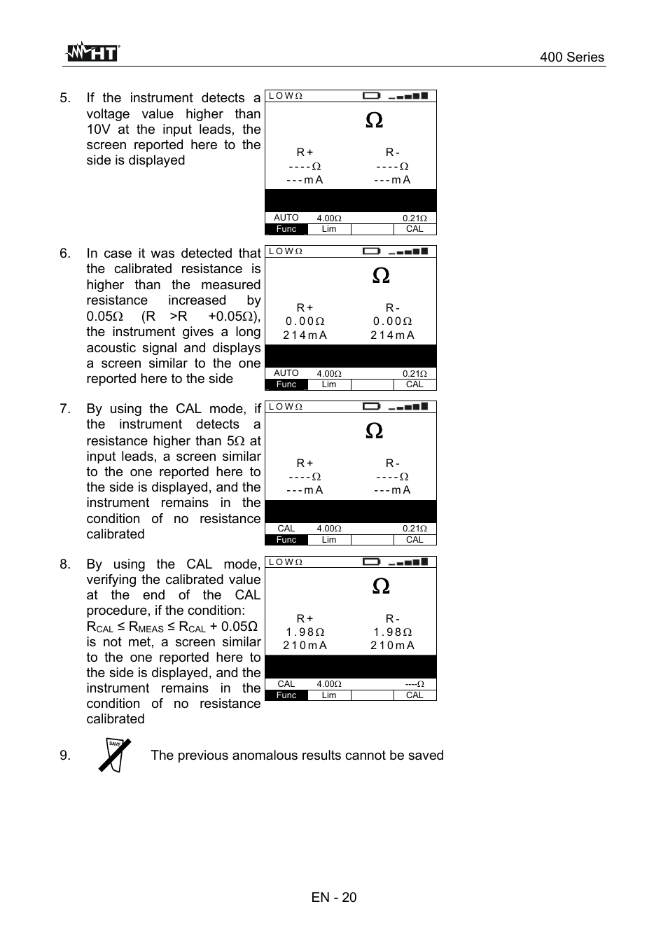 400 series, En - 20, The previous anomalous results cannot be saved | HT instruments SPEED418 User Manual | Page 21 / 88