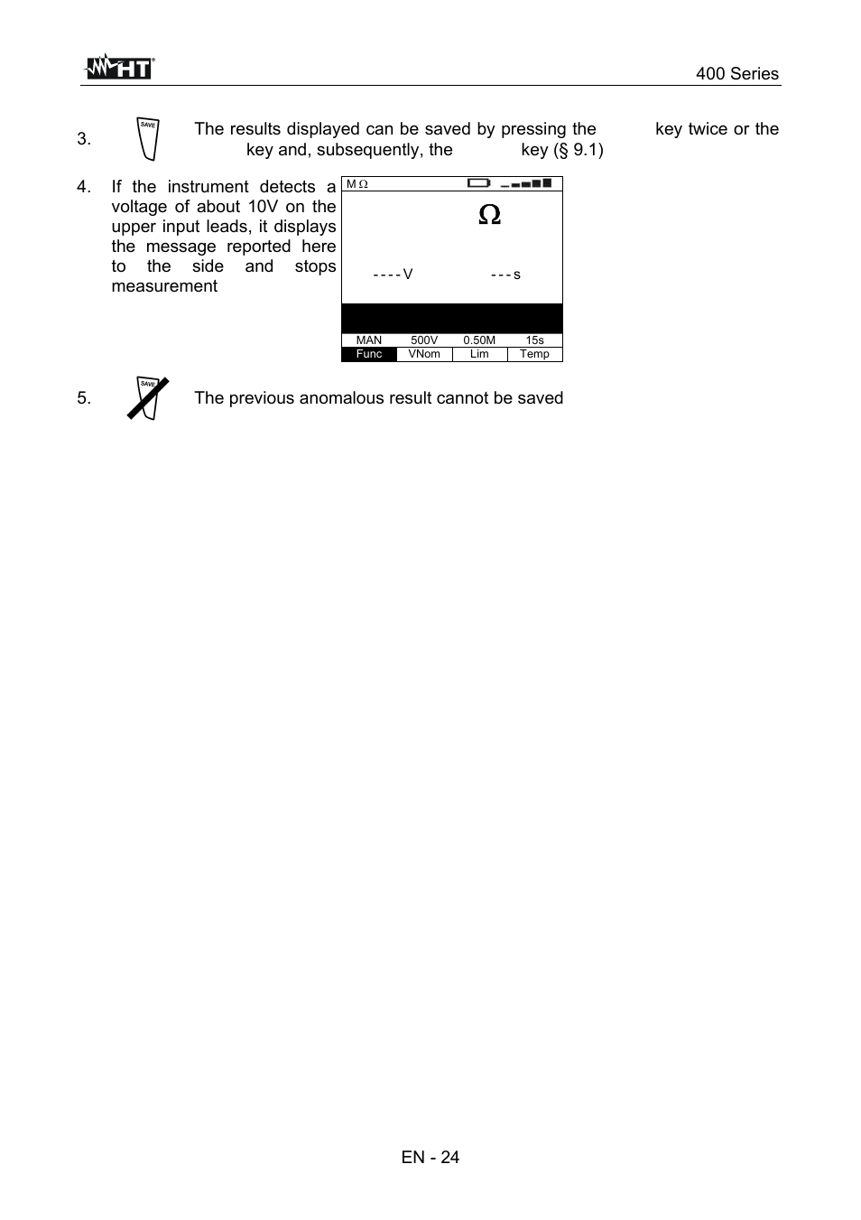 400 series, En - 24, The previous anomalous result cannot be saved | HT instruments SPEED418 User Manual | Page 25 / 88