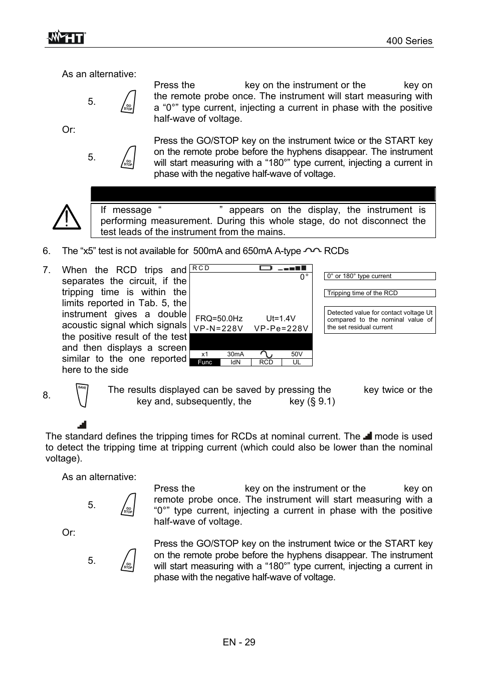 29ms, Caution, 400 series | As an alternative | HT instruments SPEED418 User Manual | Page 30 / 88