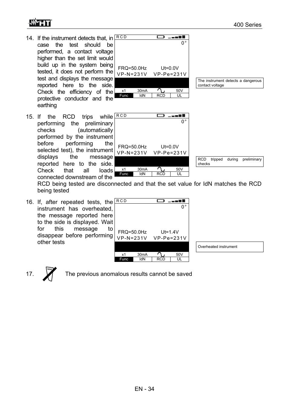 400 series, The previous anomalous results cannot be saved | HT instruments SPEED418 User Manual | Page 35 / 88