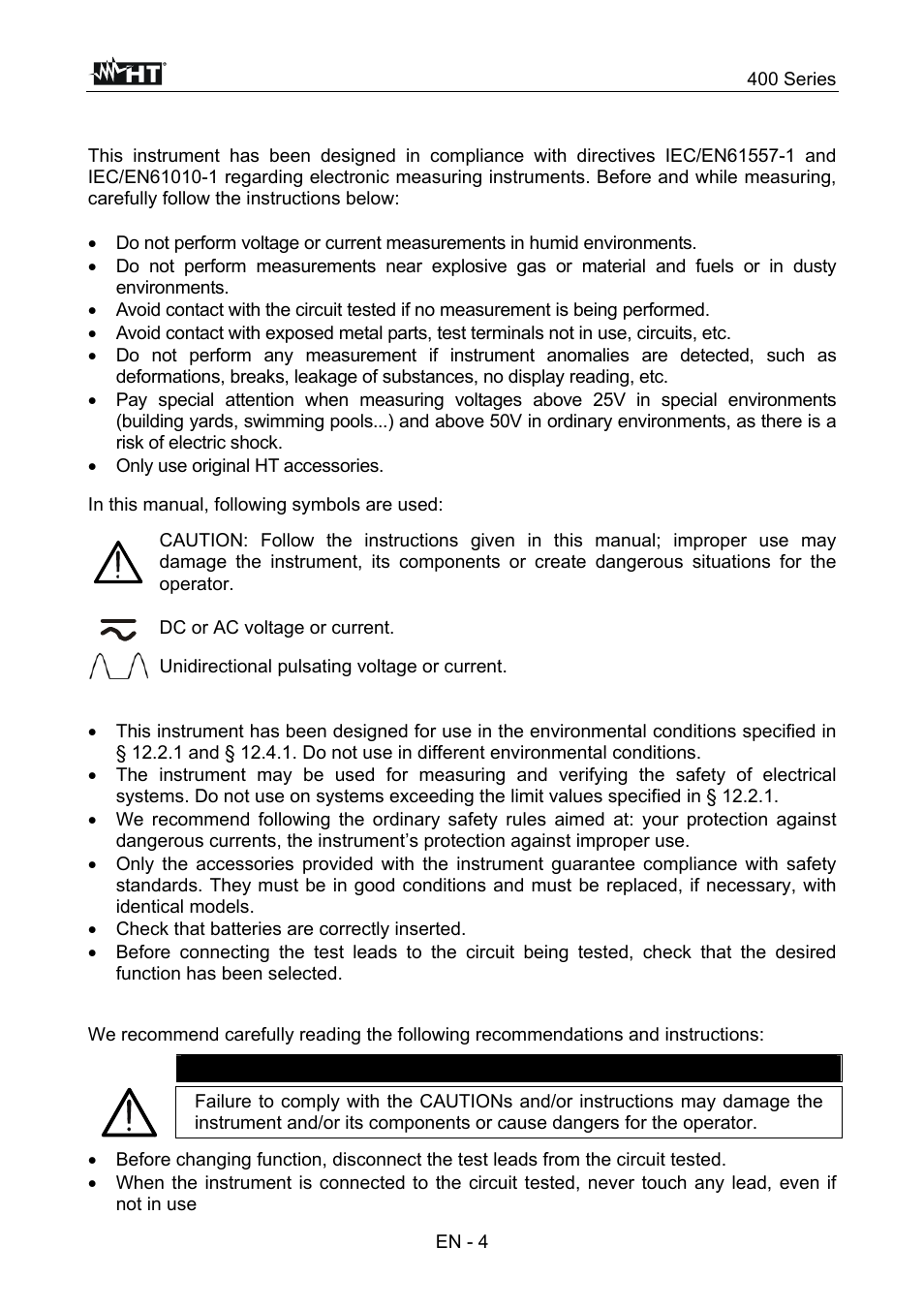 Safety precautions and procedures, Caution | HT instruments SPEED418 User Manual | Page 5 / 88