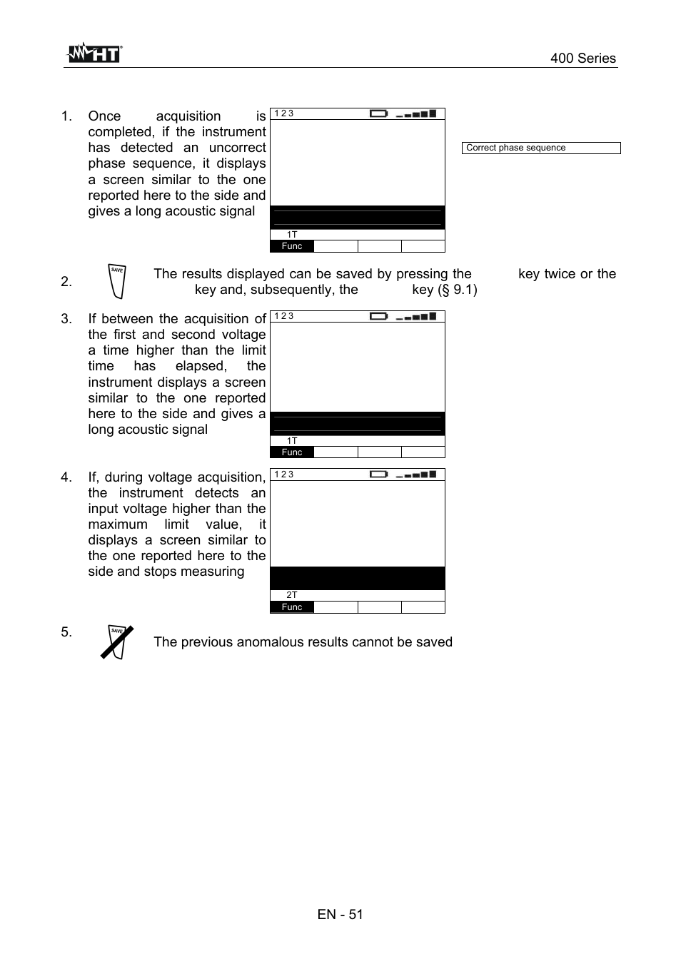 400 series, The previous anomalous results cannot be saved | HT instruments SPEED418 User Manual | Page 52 / 88
