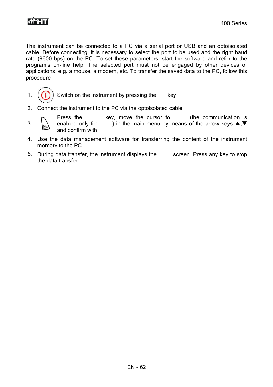Connecting the instrument to a pc, 400 series, En - 62 | HT instruments SPEED418 User Manual | Page 63 / 88