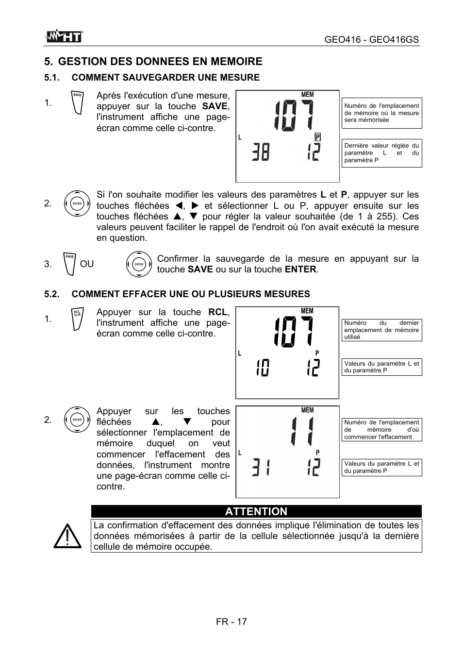 Attention, Fr - 17, Comment sauvegarder une mesure | HT instruments GEO416 User Manual | Page 102 / 116