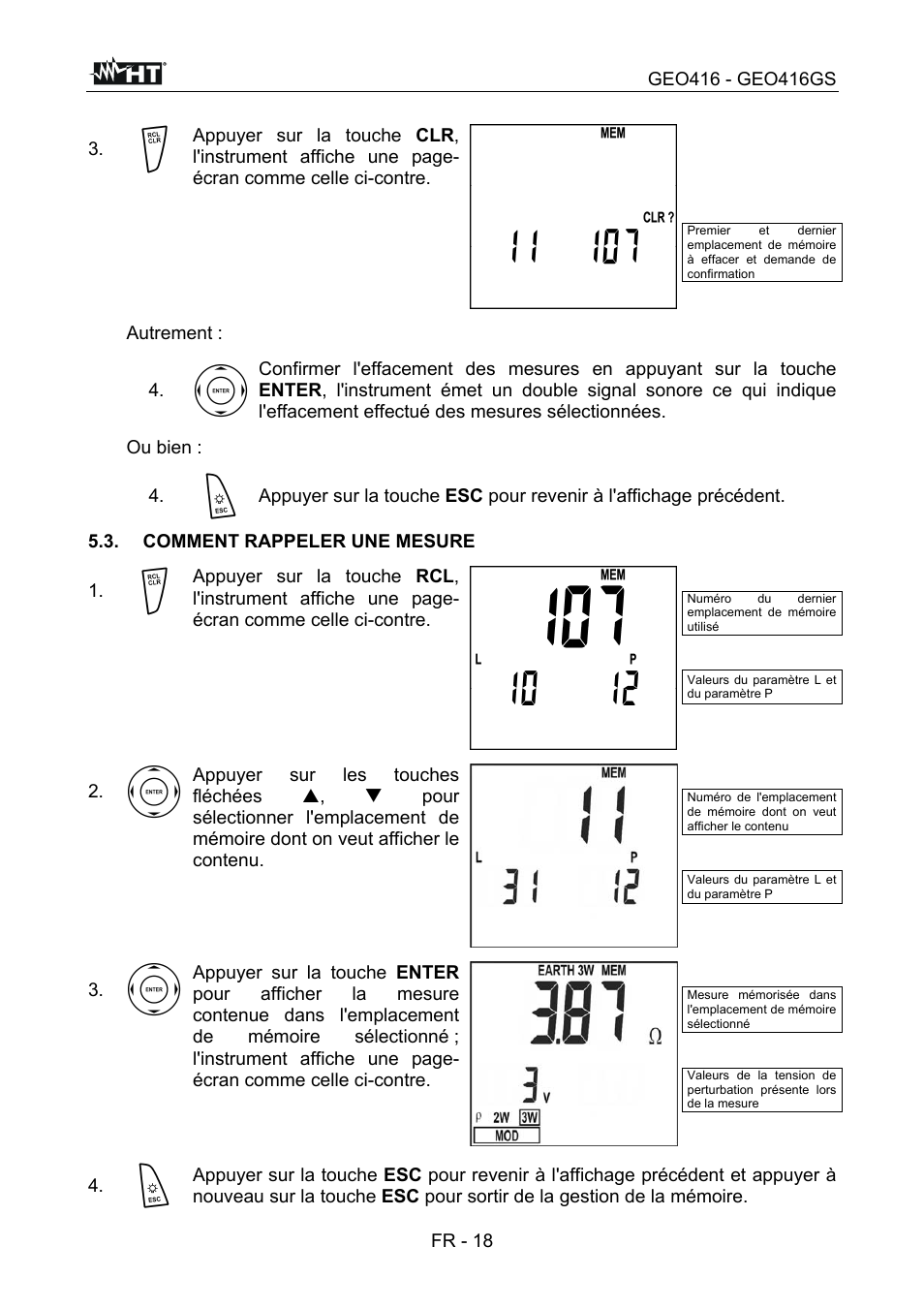 Fr - 18, Autrement, Ou bien | Comment rappeler une mesure | HT instruments GEO416 User Manual | Page 103 / 116