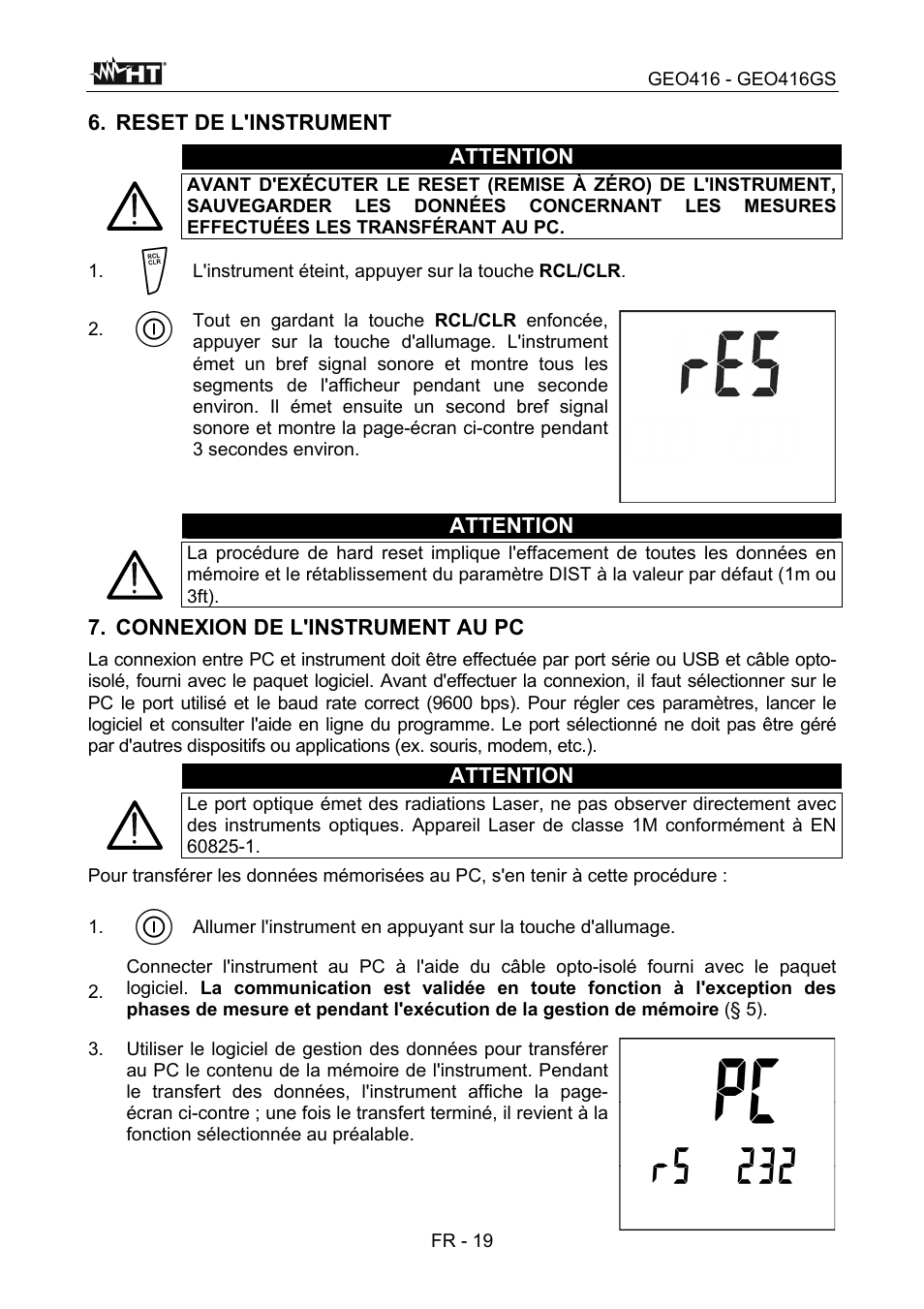 Reset de l'instrument attention, Attention, Connexion de l'instrument au pc | Fr - 19, L'instrument éteint, appuyer sur la touche rcl/clr | HT instruments GEO416 User Manual | Page 104 / 116