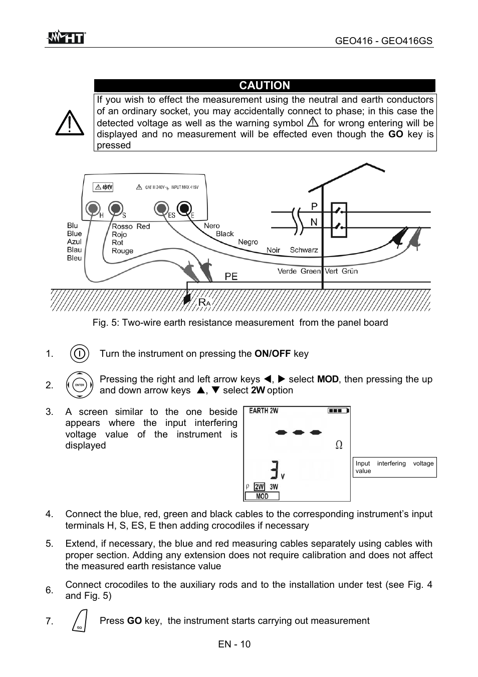 Caution, En - 10, Turn the instrument on pressing the on/off key | HT instruments GEO416 User Manual | Page 11 / 116