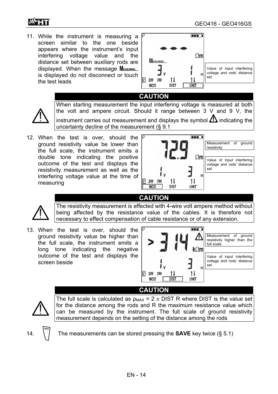 Caution, En - 14 11, The full scale is calculated as ρ | HT instruments GEO416 User Manual | Page 15 / 116