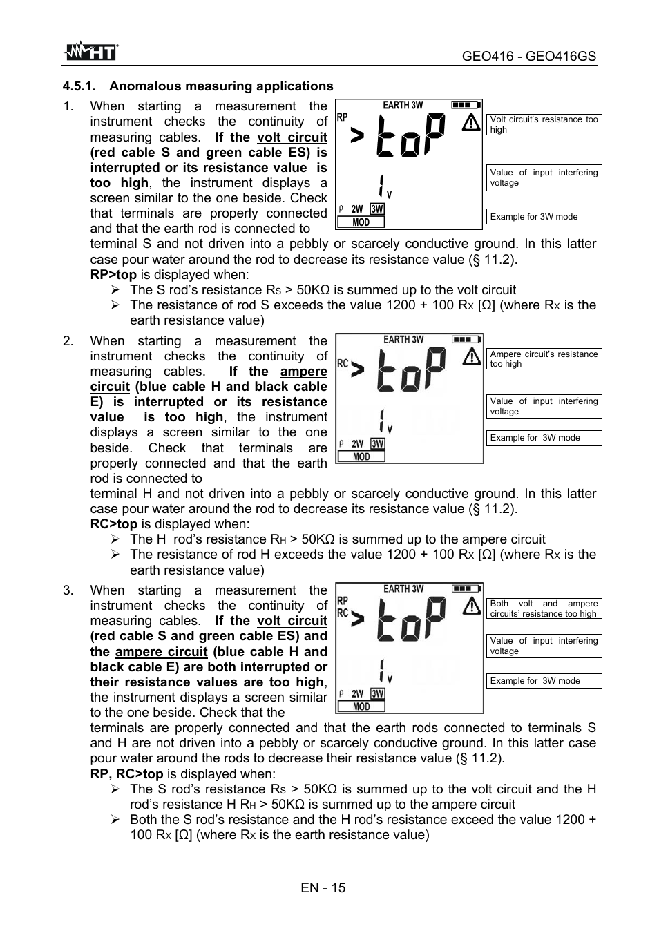 The s rod’s resistance r, Ω] (where r, Is the earth resistance value) | The h rod’s resistance r | HT instruments GEO416 User Manual | Page 16 / 116