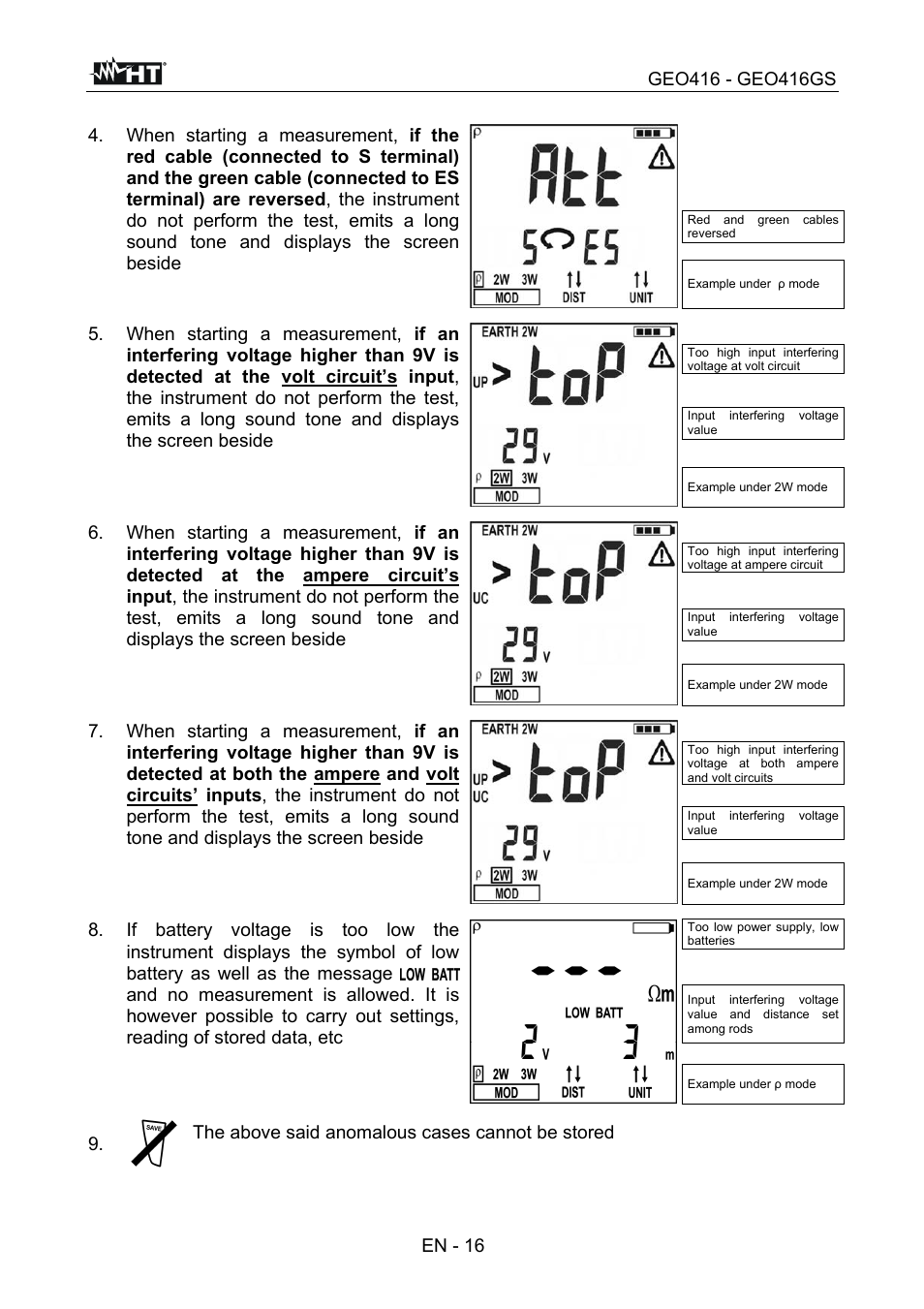 En - 16, The above said anomalous cases cannot be stored | HT instruments GEO416 User Manual | Page 17 / 116