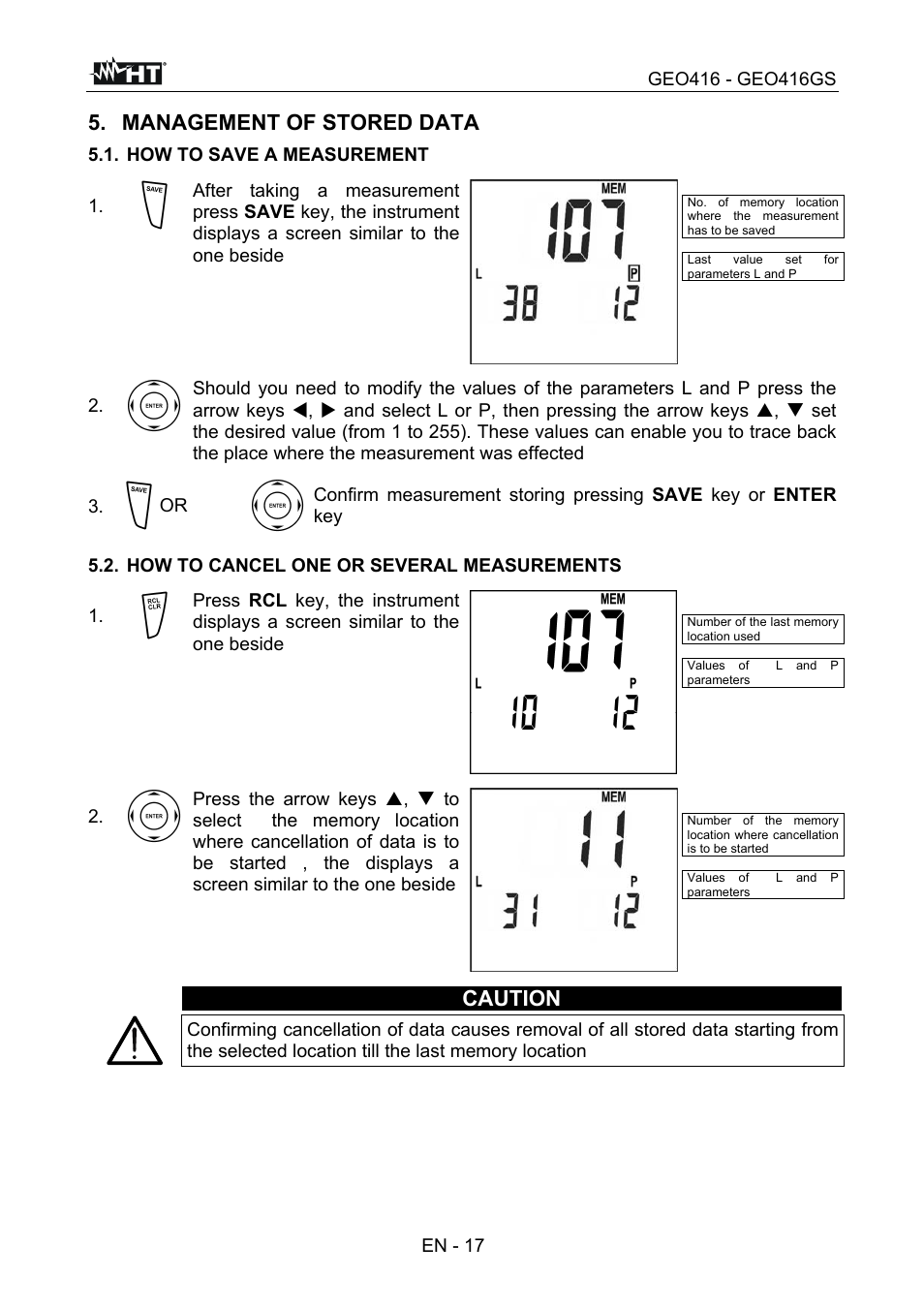 Management of stored data, Caution, En - 17 | How to save a measurement | HT instruments GEO416 User Manual | Page 18 / 116