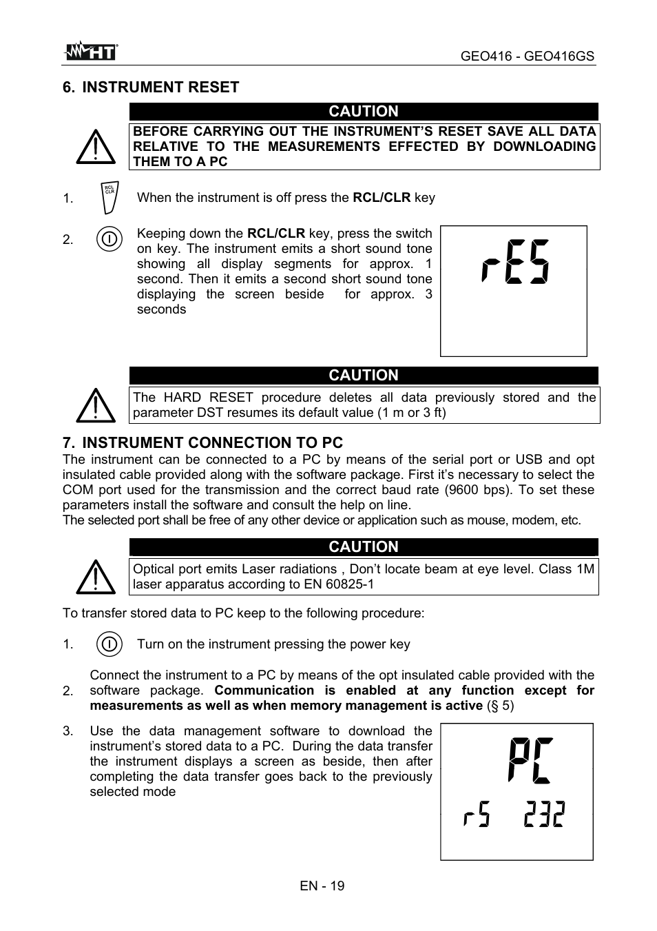Instrument reset caution, Caution, Instrument connection to pc | En - 19, When the instrument is off press the rcl/clr key, Turn on the instrument pressing the power key | HT instruments GEO416 User Manual | Page 20 / 116