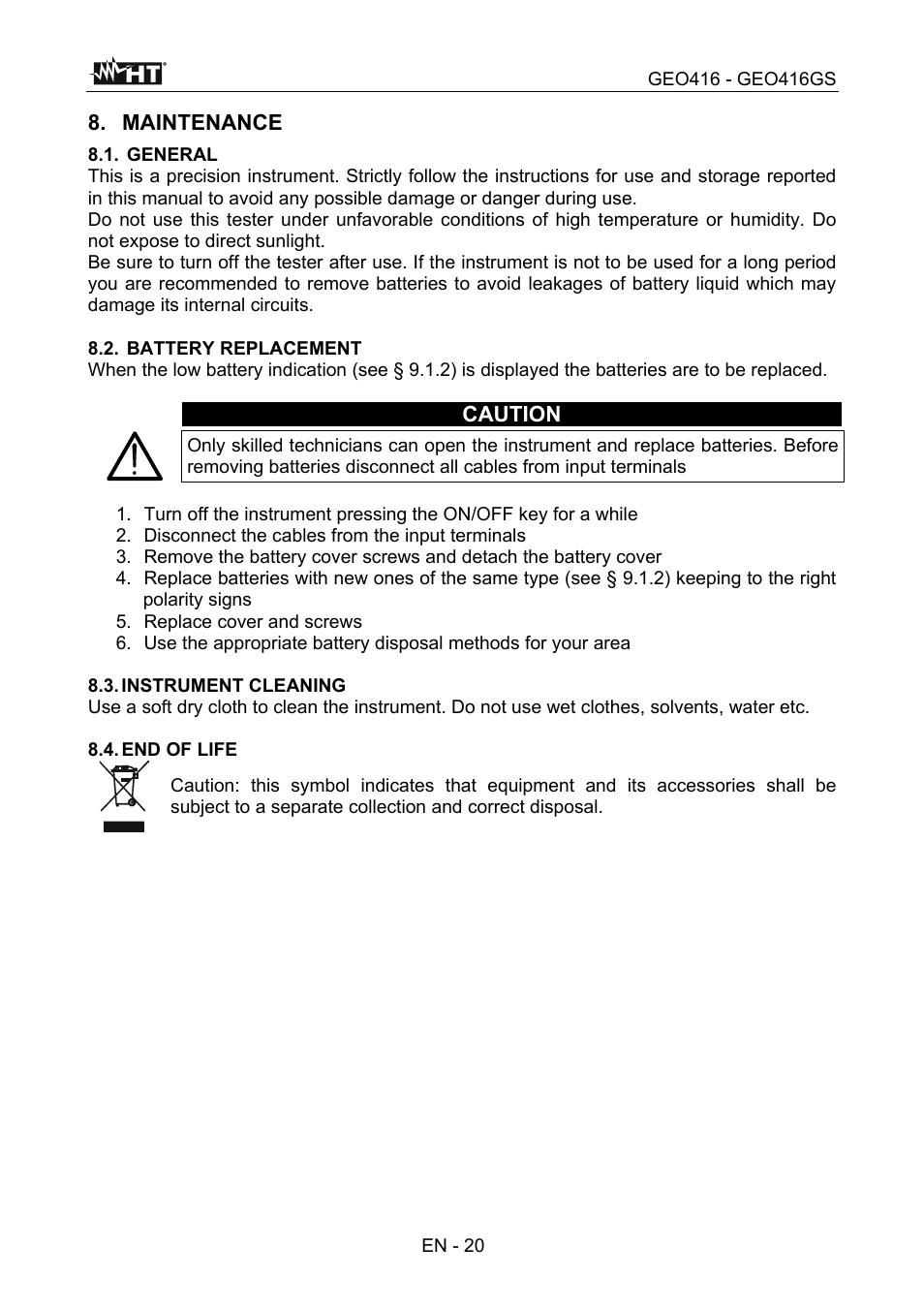 Maintenance, Caution | HT instruments GEO416 User Manual | Page 21 / 116