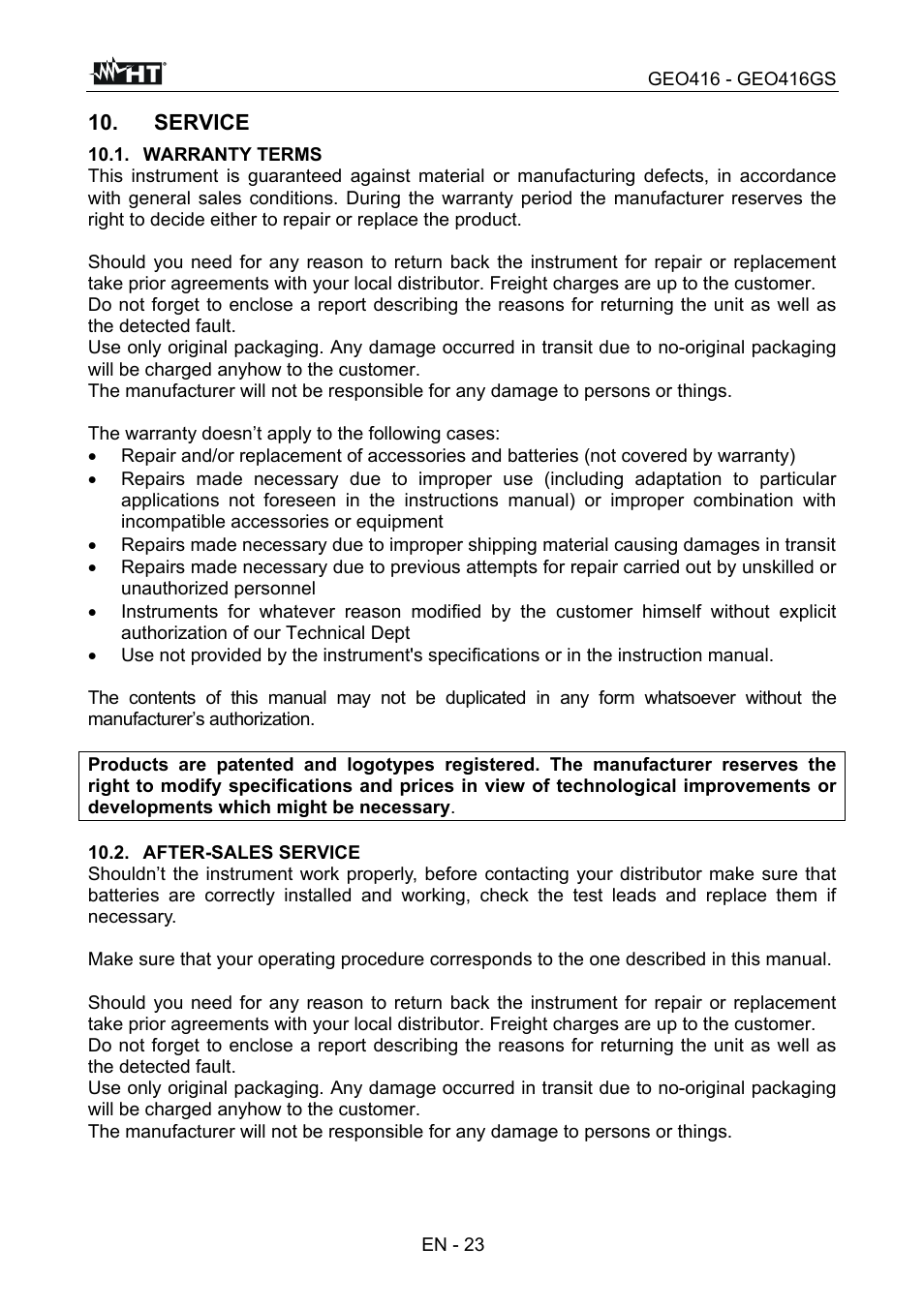 Service | HT instruments GEO416 User Manual | Page 24 / 116