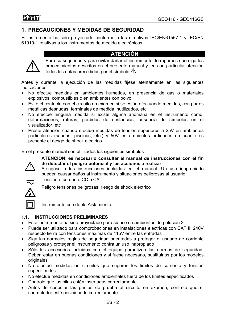 Precauciones y medidas de seguridad, Atención | HT instruments GEO416 User Manual | Page 31 / 116