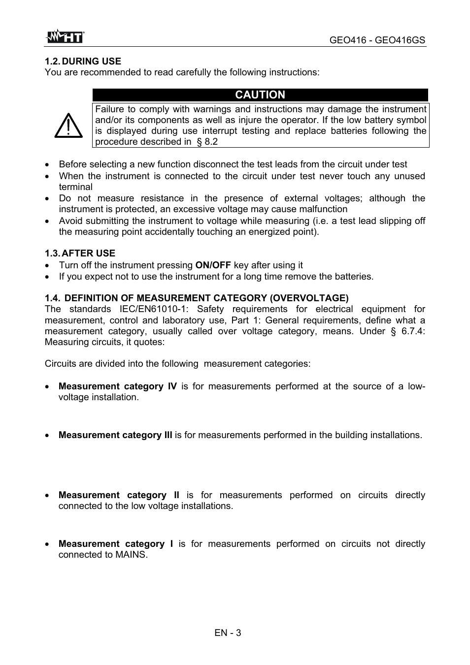 Caution | HT instruments GEO416 User Manual | Page 4 / 116