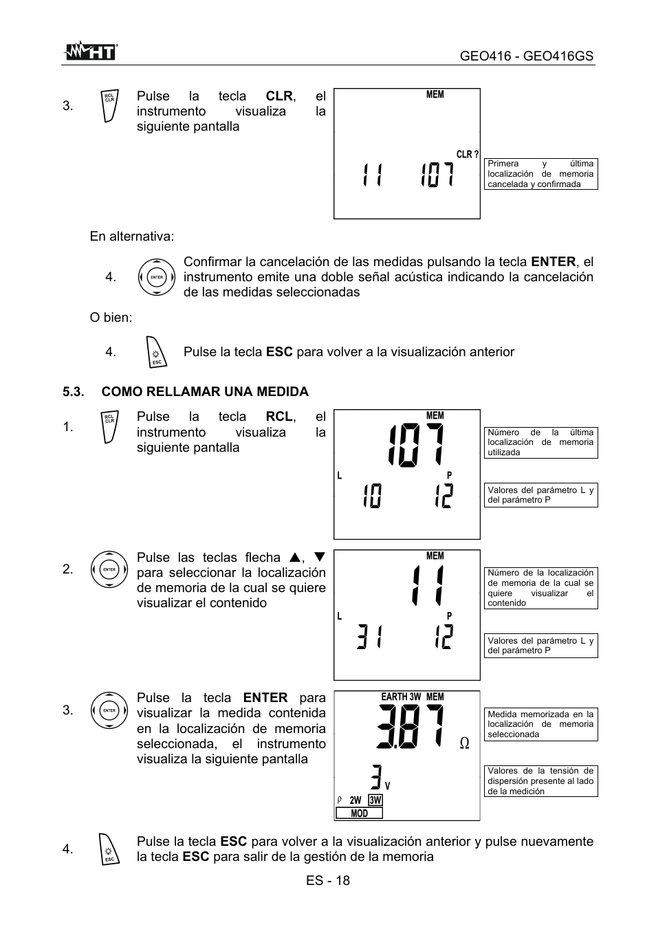 Es - 18, En alternativa, Obien | Como rellamar una medida | HT instruments GEO416 User Manual | Page 47 / 116