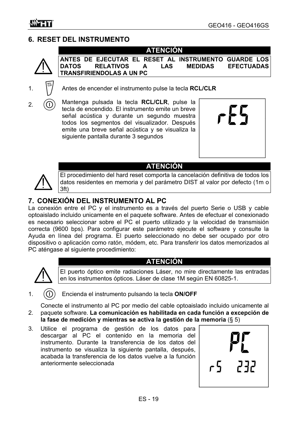 Reset del instrumento atención, Atención, Conexión del instrumento al pc | Es - 19, Encienda el instrumento pulsando la tecla on/off | HT instruments GEO416 User Manual | Page 48 / 116