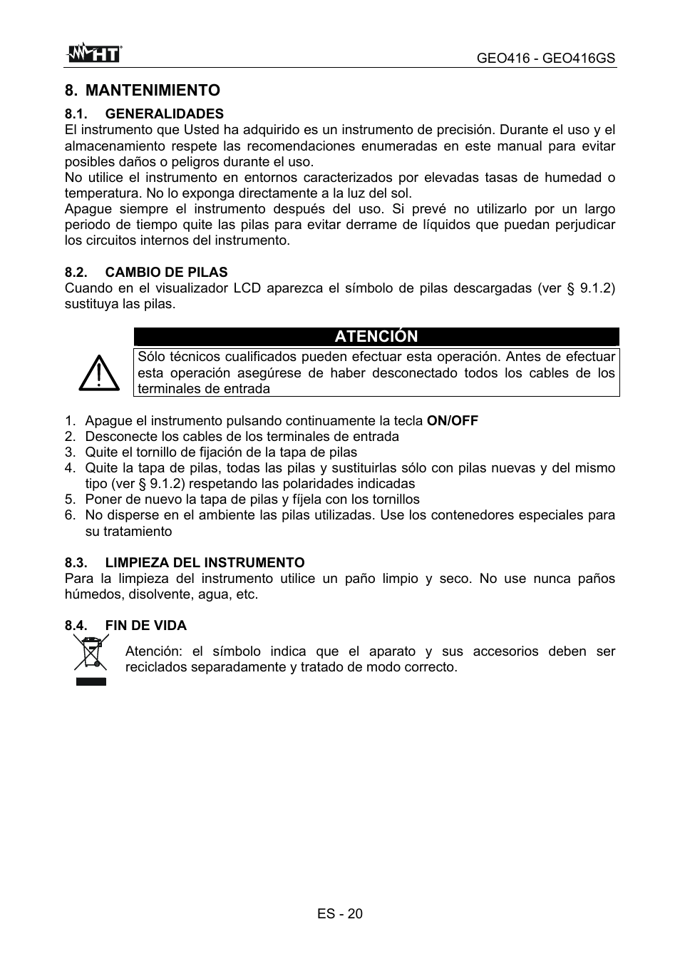 Mantenimiento, Atención | HT instruments GEO416 User Manual | Page 49 / 116