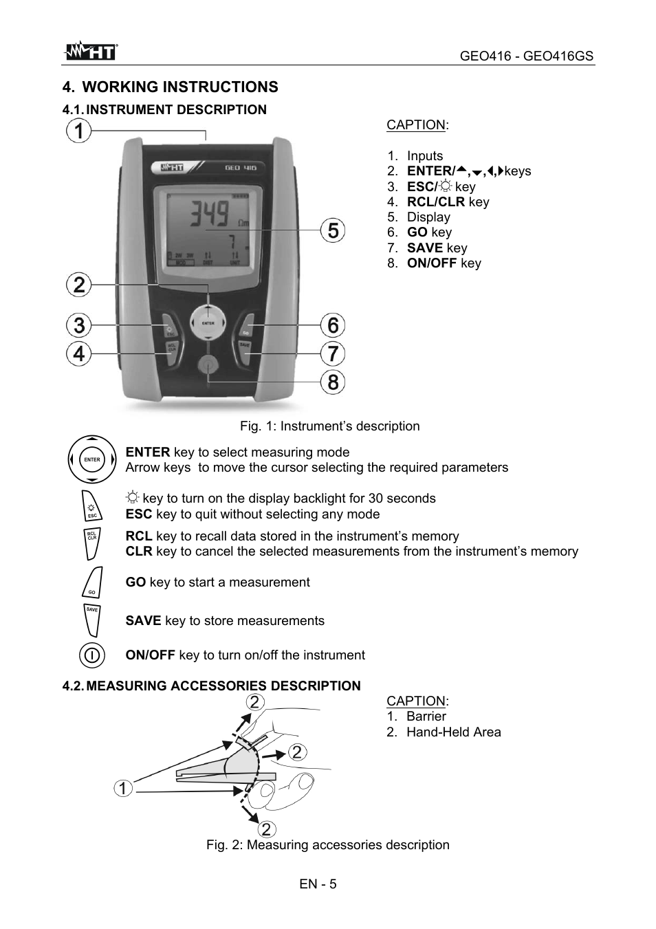 Working instructions, En - 5, Go key to start a measurement | Save key to store measurements, On/off key to turn on/off the instrument | HT instruments GEO416 User Manual | Page 6 / 116