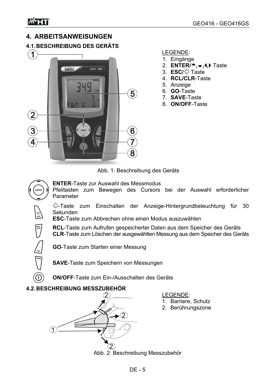 Arbeitsanweisungen, De - 5, Go -taste zum starten einer messung | Save -taste zum speichern von messungen, On/off -taste zum ein-/ausschalten des geräts | HT instruments GEO416 User Manual | Page 62 / 116