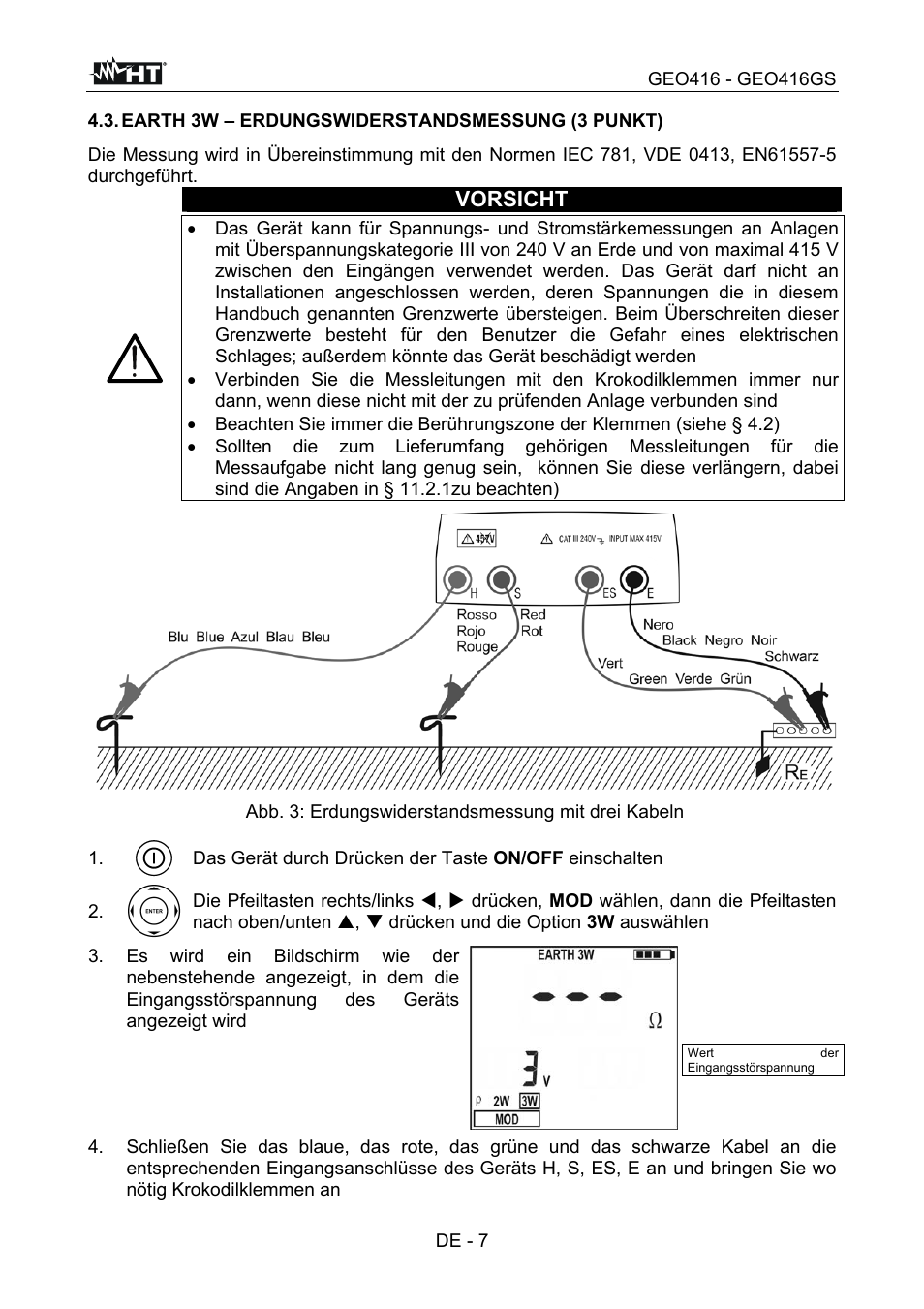 Vorsicht, Abb. 3: erdungswiderstandsmessung mit drei kabeln | HT instruments GEO416 User Manual | Page 64 / 116