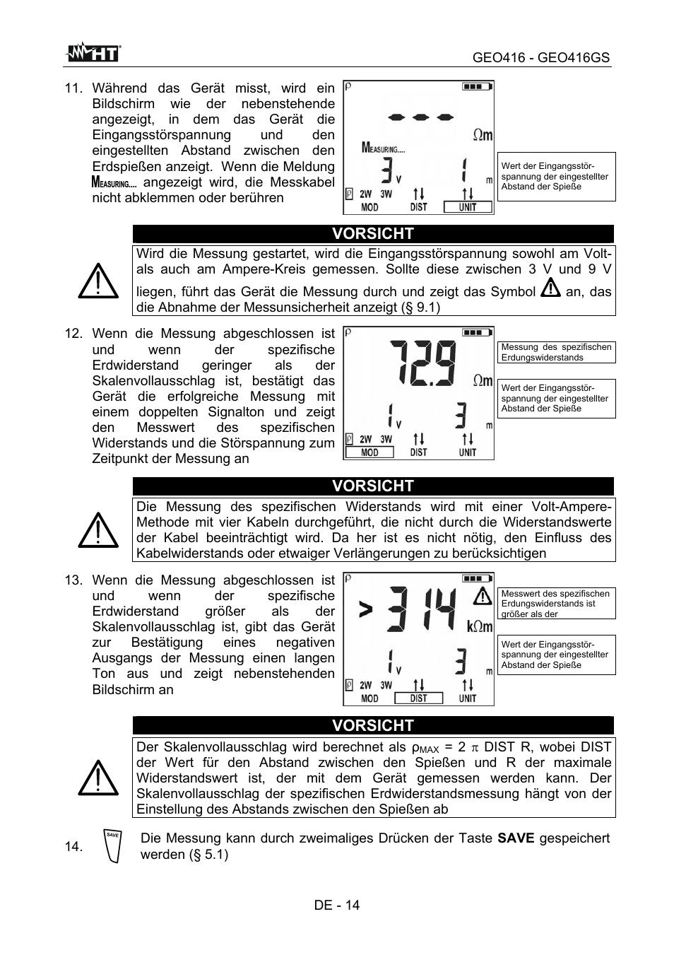 Vorsicht, De - 14 11, Der skalenvollausschlag wird berechnet als ρ | HT instruments GEO416 User Manual | Page 71 / 116