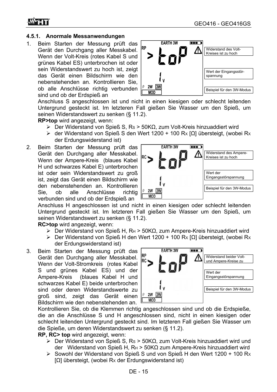 Der widerstand von spieß s, r, Ω] übersteigt, (wobei r, Der erdungswiderstand ist) | Der widerstand von spieß h, r, 50kω zum ampere-kreis hinzuaddiert wird | HT instruments GEO416 User Manual | Page 72 / 116