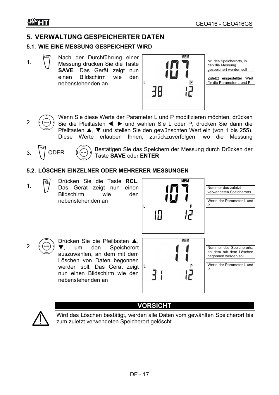 Verwaltung gespeicherter daten, Vorsicht, De - 17 | Wie eine messung gespeichert wird | HT instruments GEO416 User Manual | Page 74 / 116