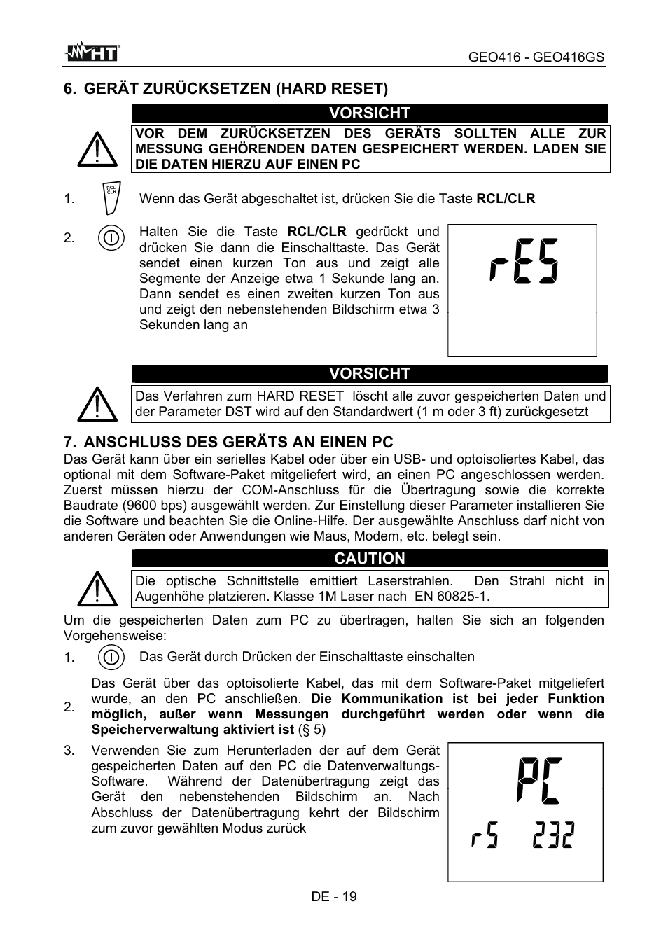 Gerät zurücksetzen (hard reset) vorsicht, Vorsicht, Anschluss des geräts an einen pc | Caution, De - 19 | HT instruments GEO416 User Manual | Page 76 / 116