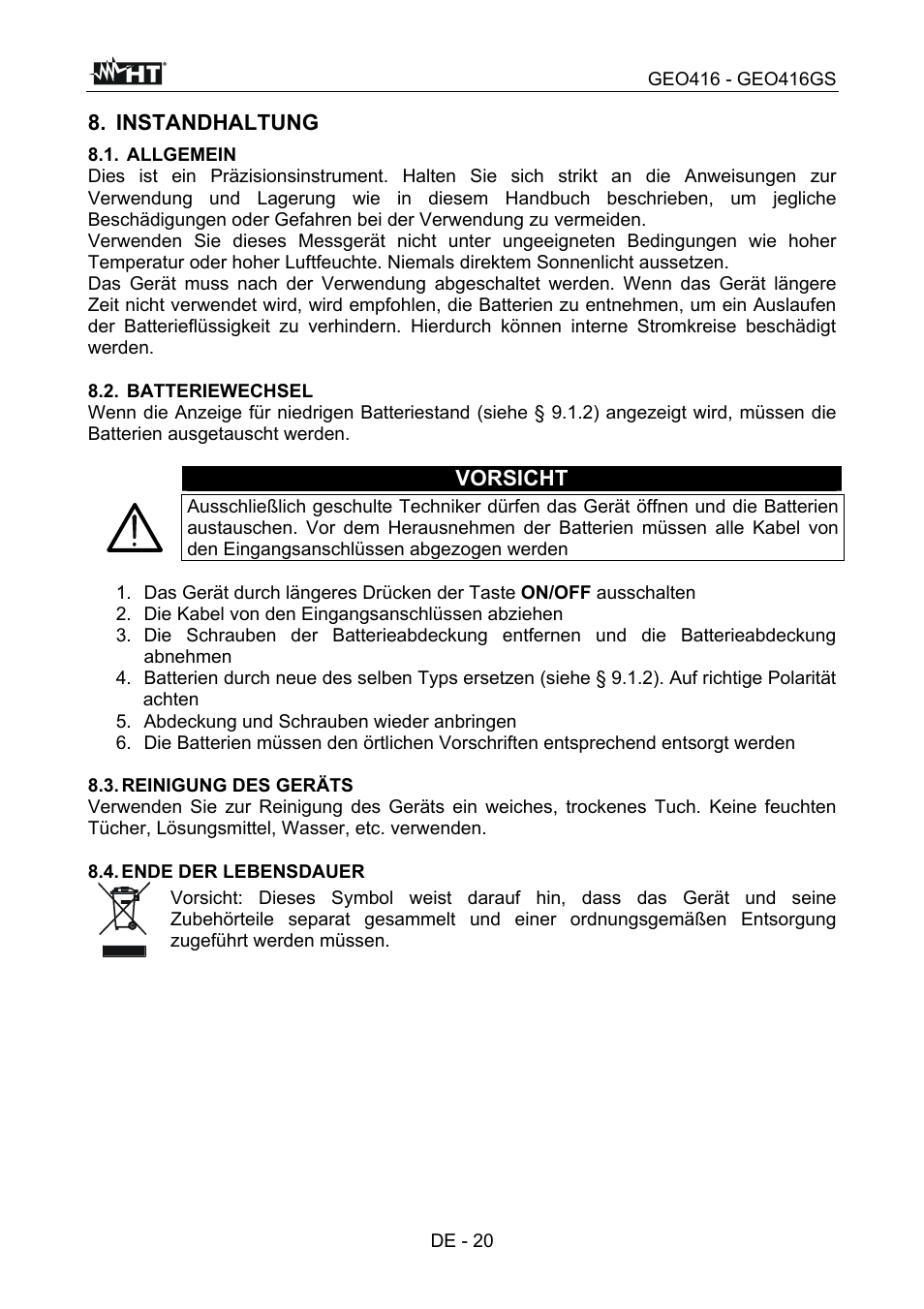 Instandhaltung, Vorsicht | HT instruments GEO416 User Manual | Page 77 / 116