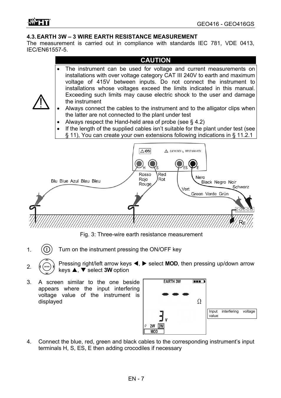 Caution, Fig. 3: three-wire earth resistance measurement, Turn on the instrument pressing the on/off key | HT instruments GEO416 User Manual | Page 8 / 116