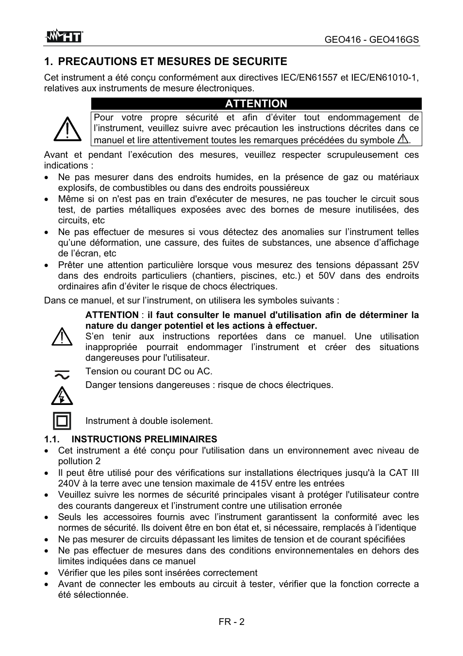 Precautions et mesures de securite, Attention | HT instruments GEO416 User Manual | Page 87 / 116