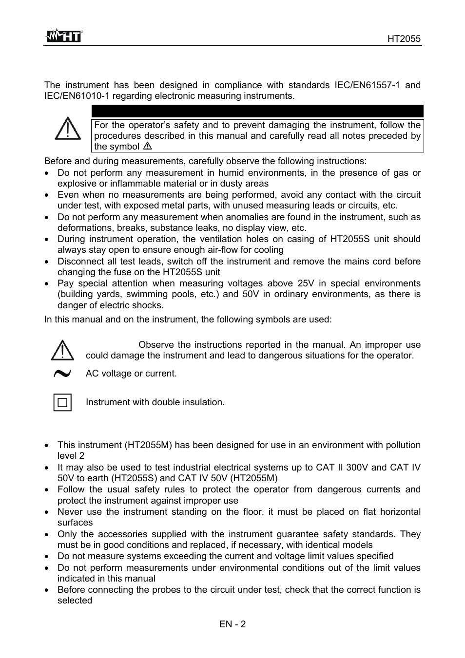 1 precautions and safety measures, Caution | HT instruments HT7051 User Manual | Page 3 / 35