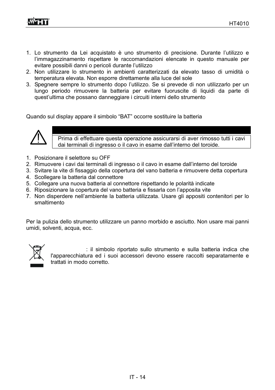 5 manutenzione, Attenzione | HT instruments HT4010 User Manual | Page 17 / 76