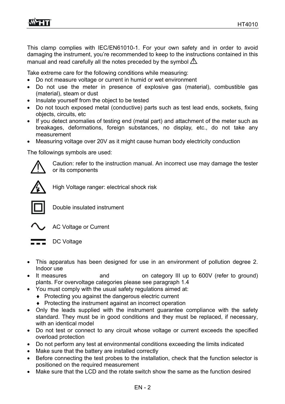 1 safety precautions and procedures | HT instruments HT4010 User Manual | Page 23 / 76