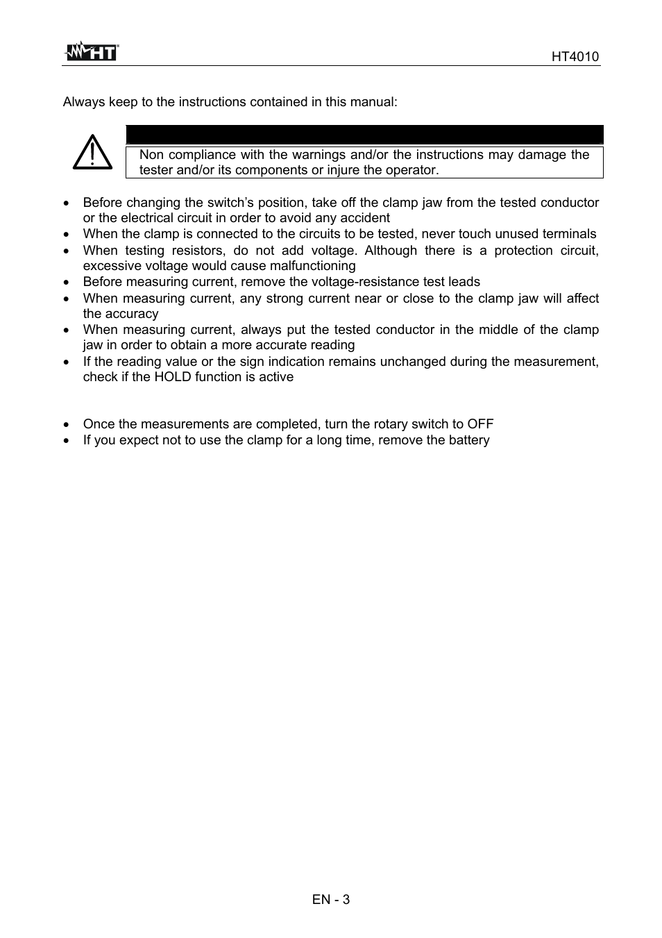 Caution | HT instruments HT4010 User Manual | Page 24 / 76