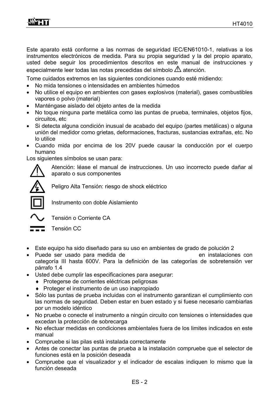 1 procedimientos y precauciones de seguridad | HT instruments HT4010 User Manual | Page 41 / 76