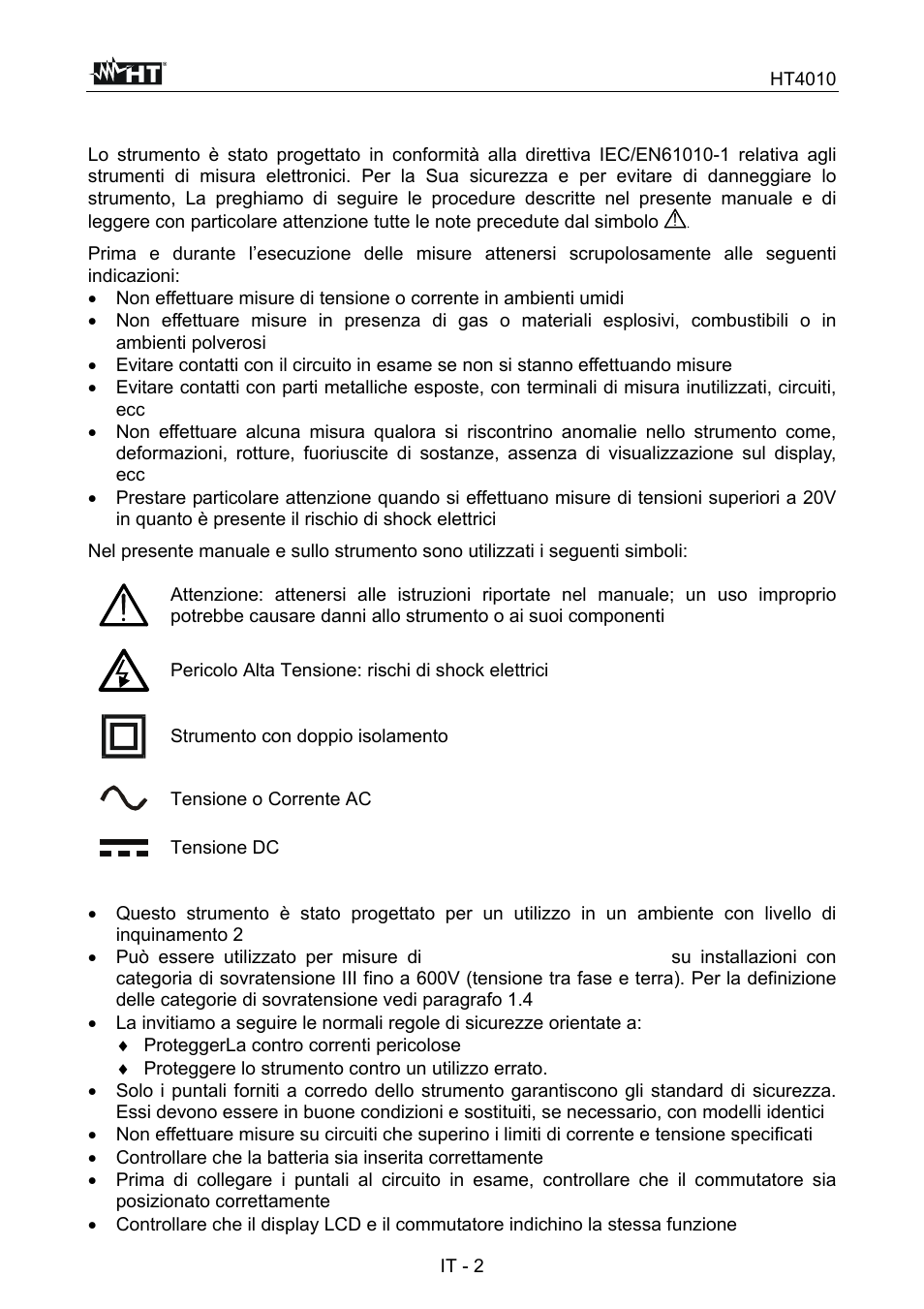 1 precauzioni e misure di sicurezza | HT instruments HT4010 User Manual | Page 5 / 76