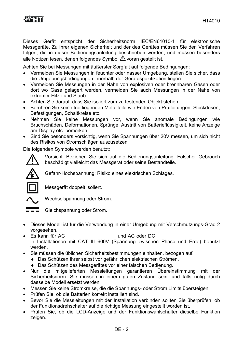 Sicherheitsvorkehrungen und verfahren | HT instruments HT4010 User Manual | Page 59 / 76