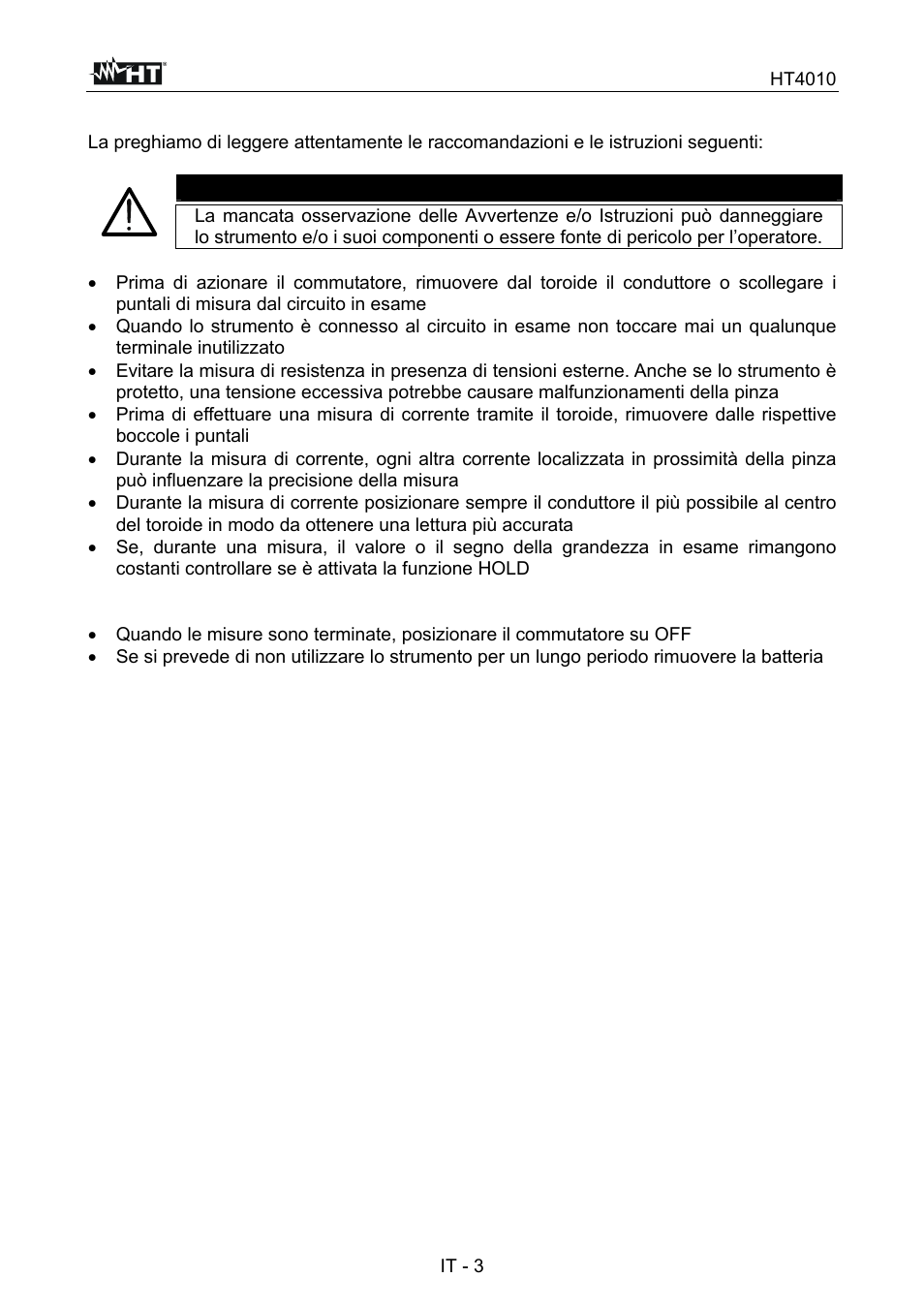 Attenzione | HT instruments HT4010 User Manual | Page 6 / 76